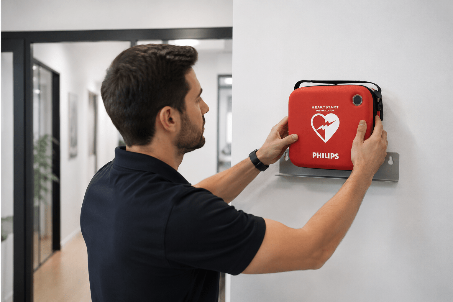 Τεχνικός εγκαθιστά απινιδωτή Philips HeartStart σε χώρο εργασίας