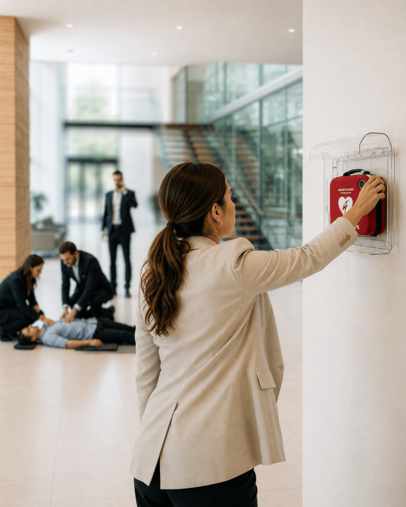 ΑΥΤΟΜΑΤΟΙ ΕΞΩΤΕΡΙΚΟΙ ΑΠΙΝΙΔΩΤΕΣ (AED) ΓΙΑ ΕΠΙΧΕΙΡΗΣΕΙΣ 2 Εργαζόμενη αποκτά πρόσβαση σε Αυτόματο Εξωτερικό Απινιδωτή (AED) Philips HeartStart κατά τη διάρκεια περιστατικού σε σύγχρονο εργασιακό περιβάλλον, αναδεικνύοντας τη σημασία της άμεσης ανταπόκρισης.